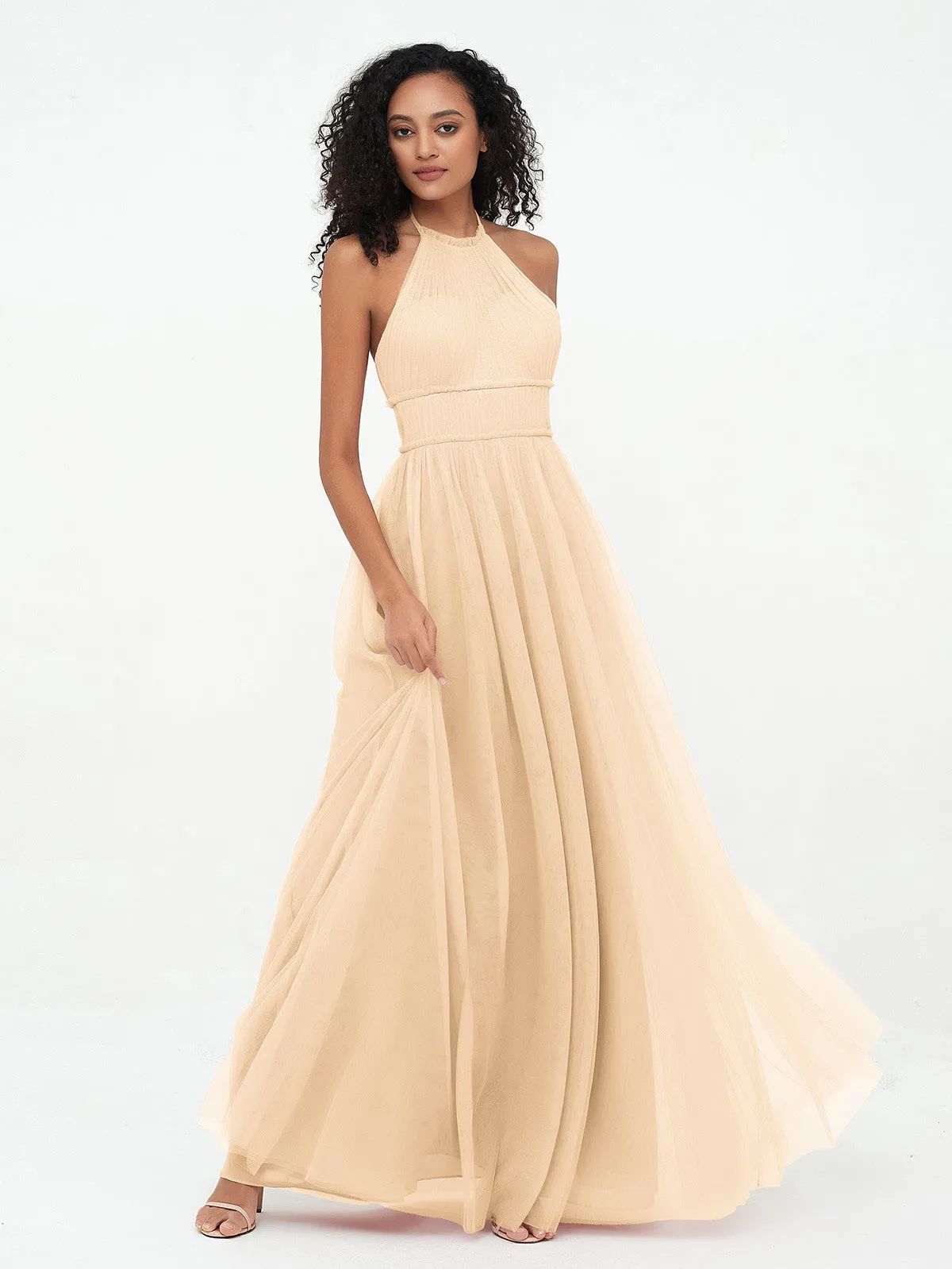 Illusion Halter Tulle Maxi Boho Dresses-Peach Plus Size