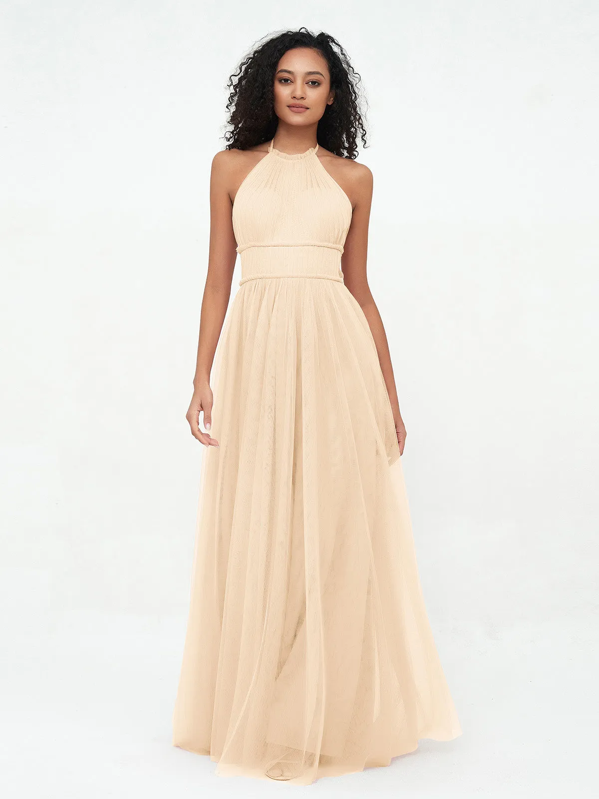 Illusion Halter Tulle Maxi Boho Dresses-Peach Plus Size