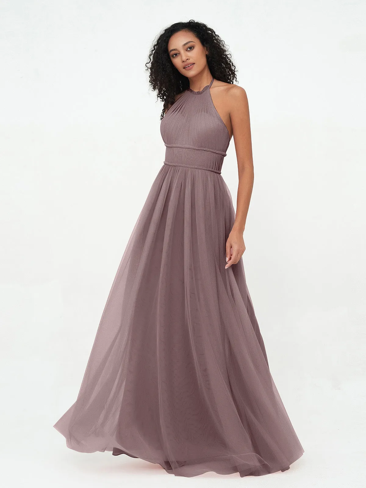 Illusion Halter Tulle Maxi Boho Dresses-Vintage Mauve Plus Size