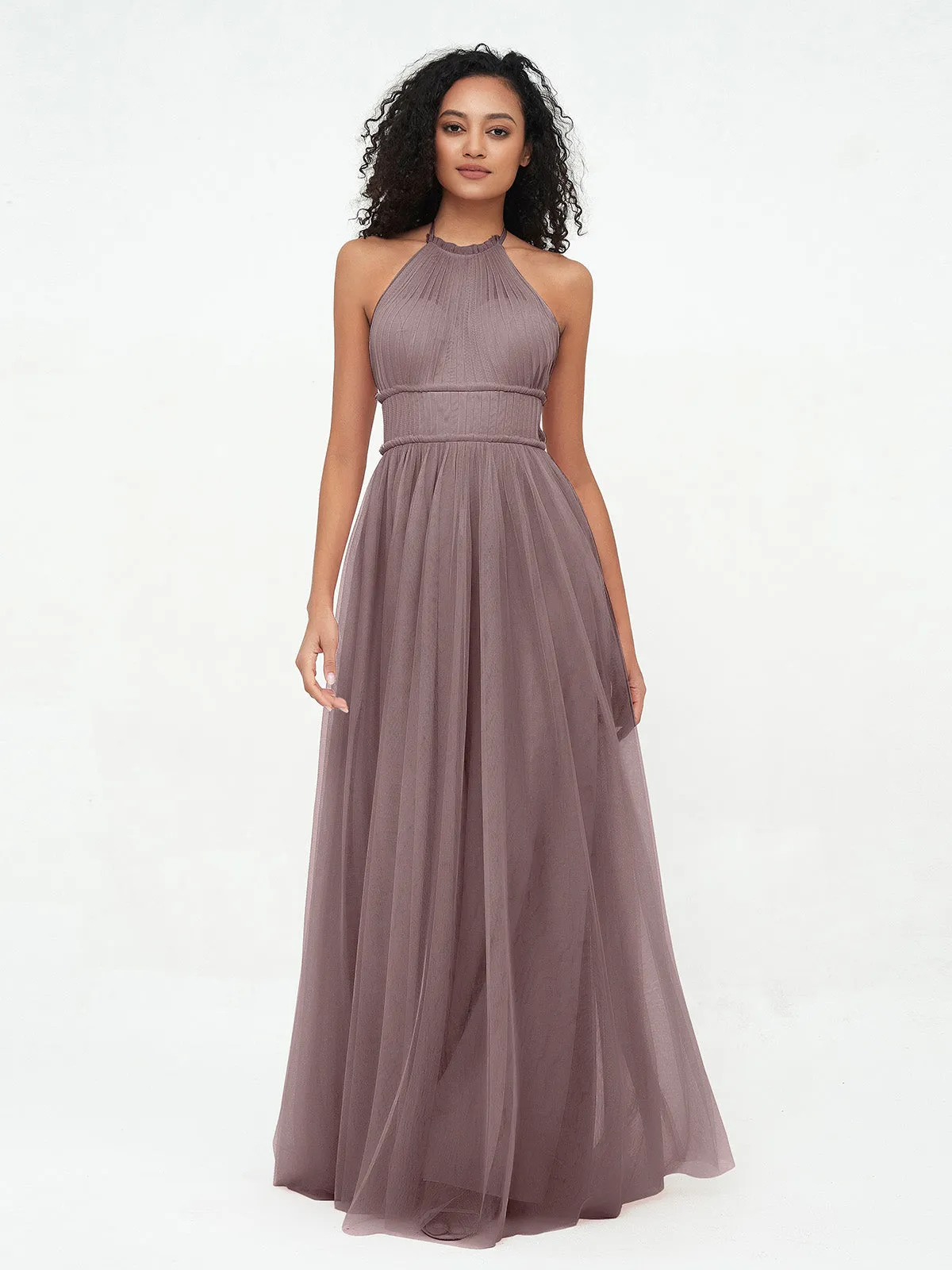 Illusion Halter Tulle Maxi Boho Dresses-Vintage Mauve Plus Size