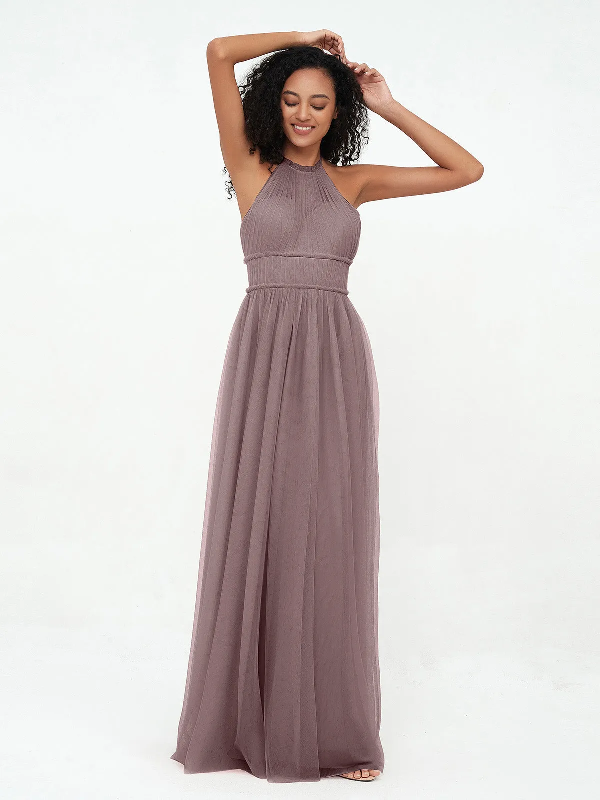 Illusion Halter Tulle Maxi Boho Dresses-Vintage Mauve Plus Size