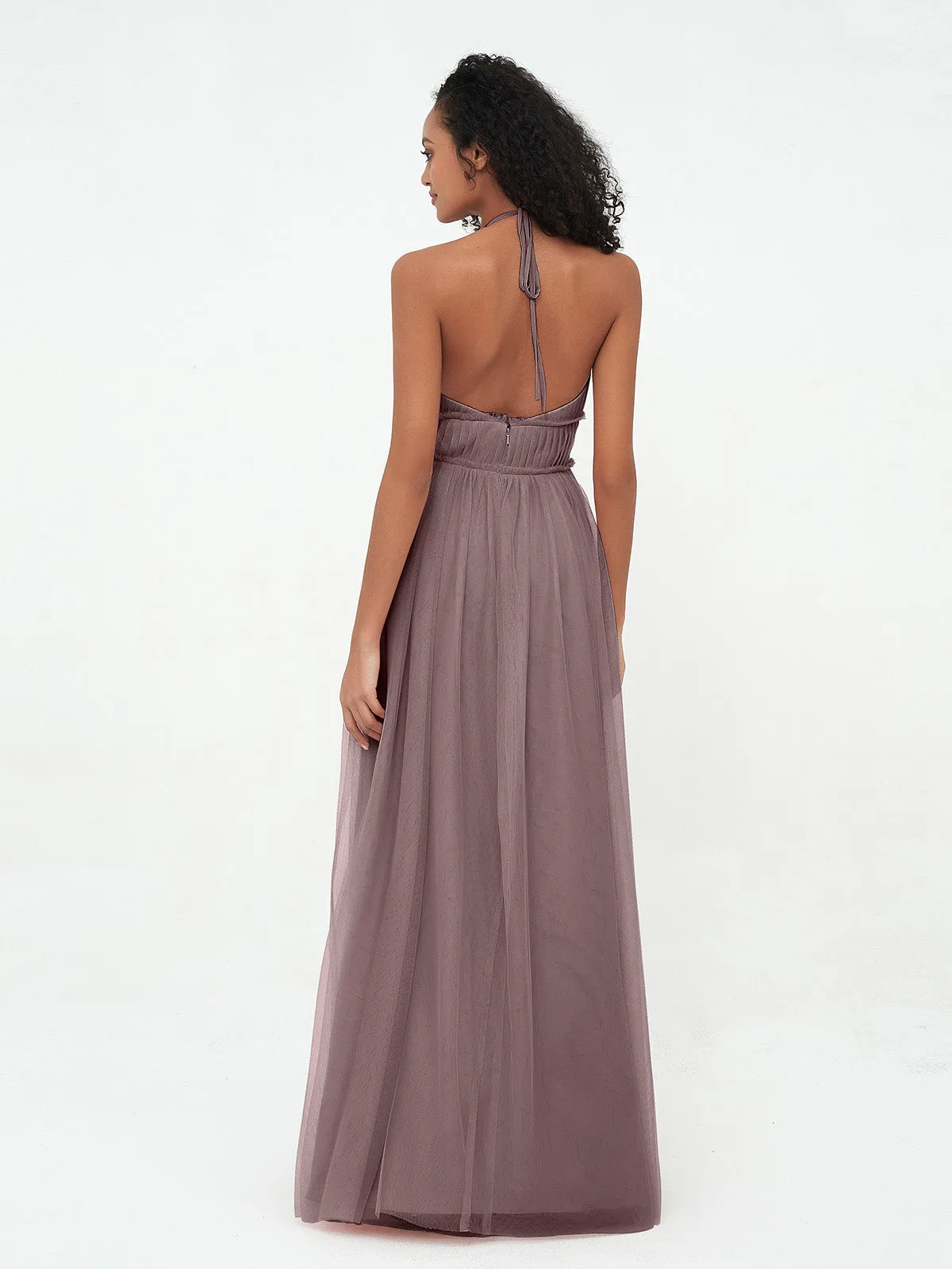 Illusion Halter Tulle Maxi Boho Dresses-Vintage Mauve Plus Size