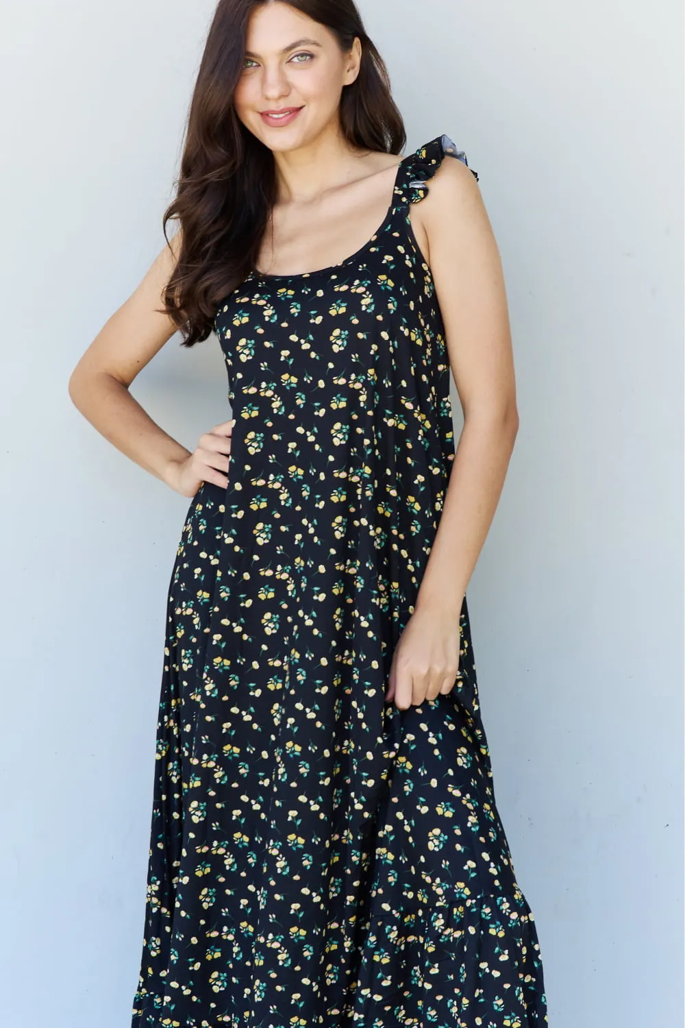 In The Garden Ruffle Floral Maxi Dress in  Black Yellow Floral