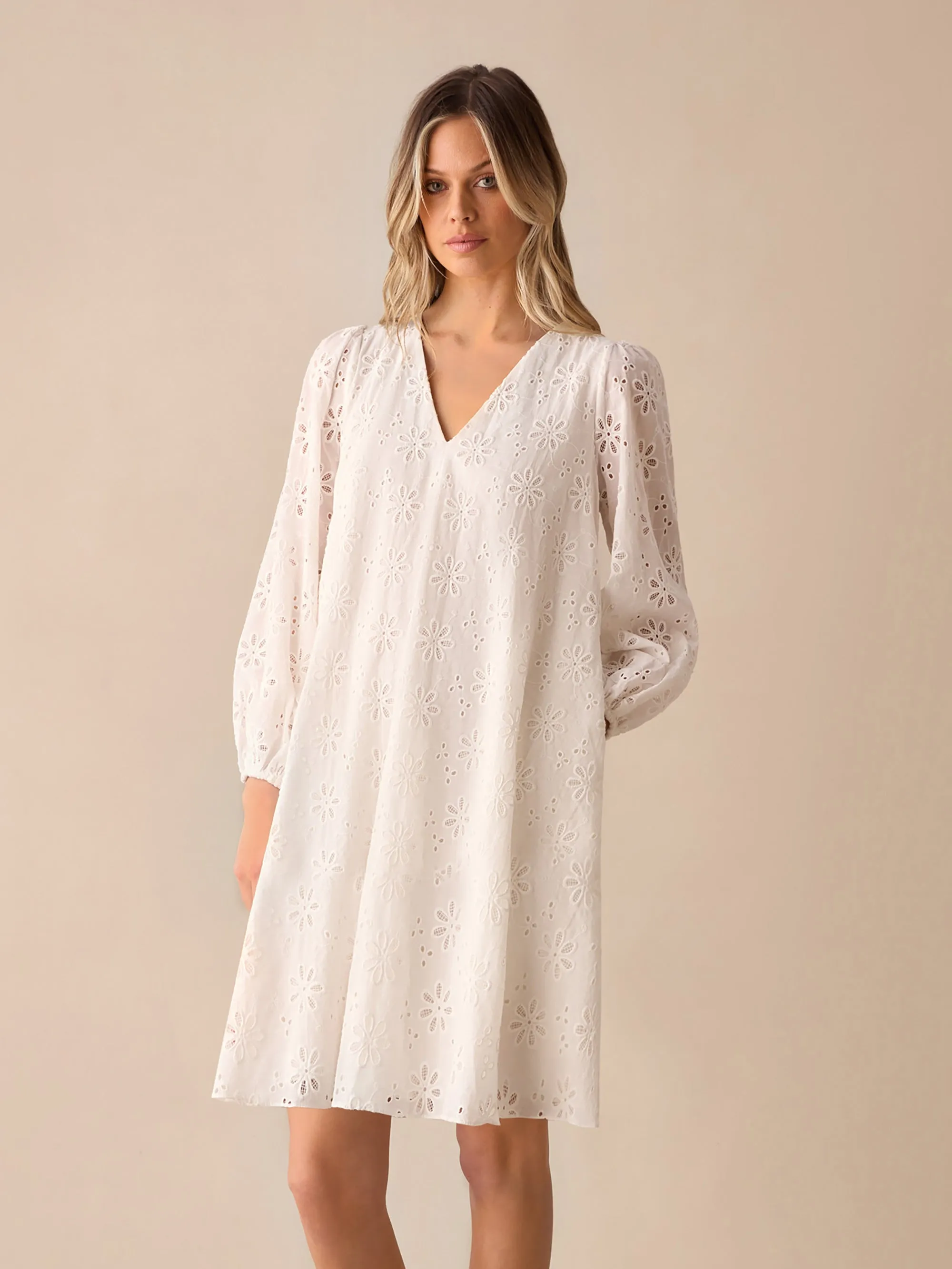 Ivory Broderie V-Neck Swing Dress