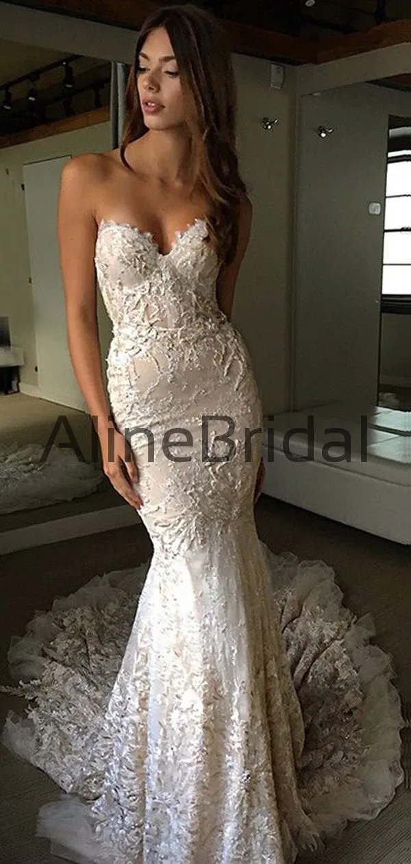 Ivory lace Sweetheart Strapless Mermaid Charming Wedding Dresses, AB1510