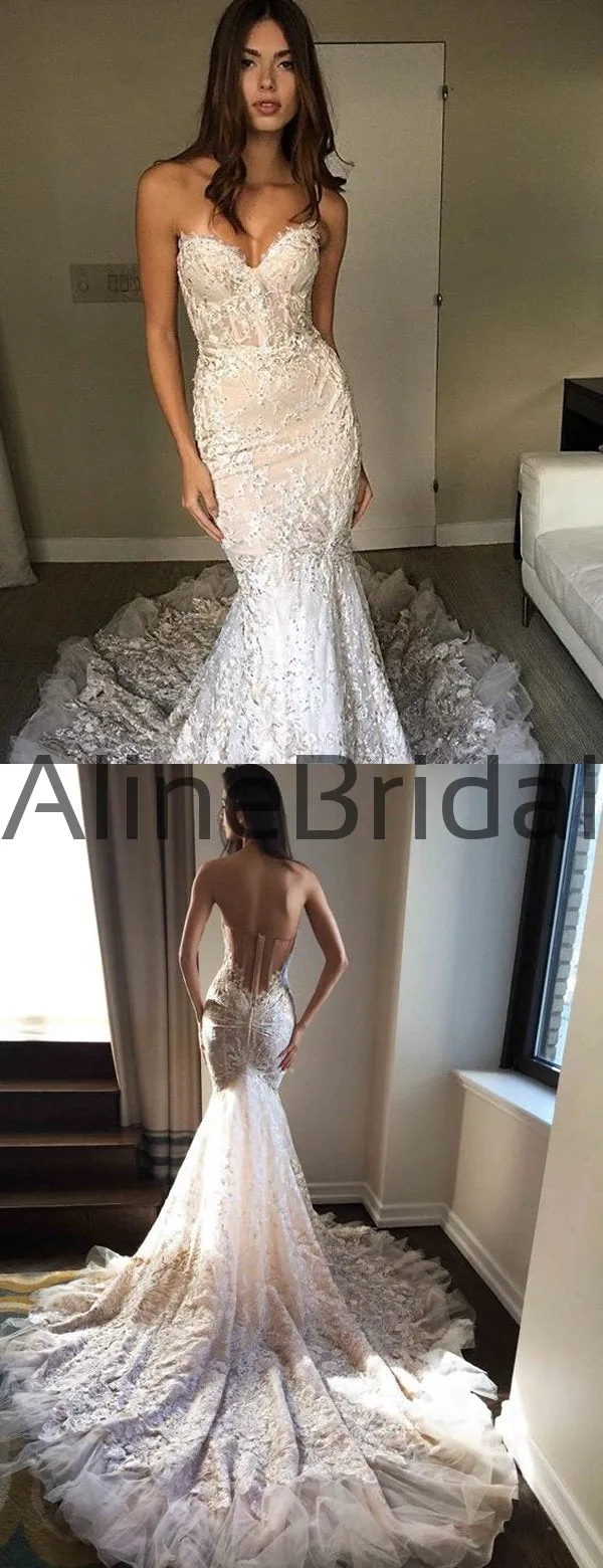 Ivory lace Sweetheart Strapless Mermaid Charming Wedding Dresses, AB1510