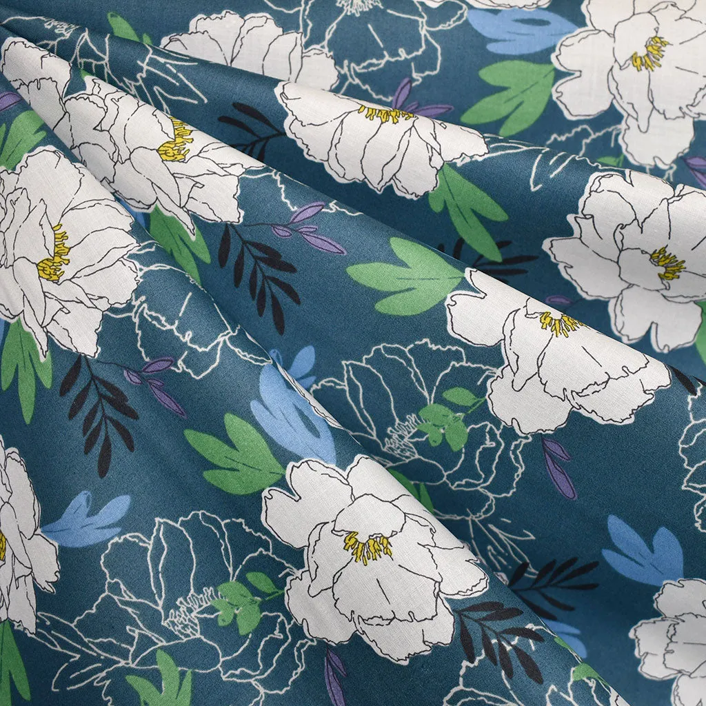 Japanese Artistic Outline Floral Organic Cotton Lawn Ocean