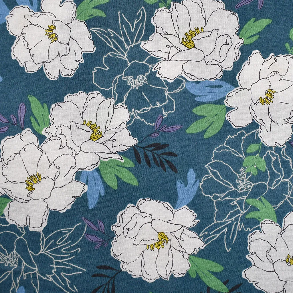 Japanese Artistic Outline Floral Organic Cotton Lawn Ocean