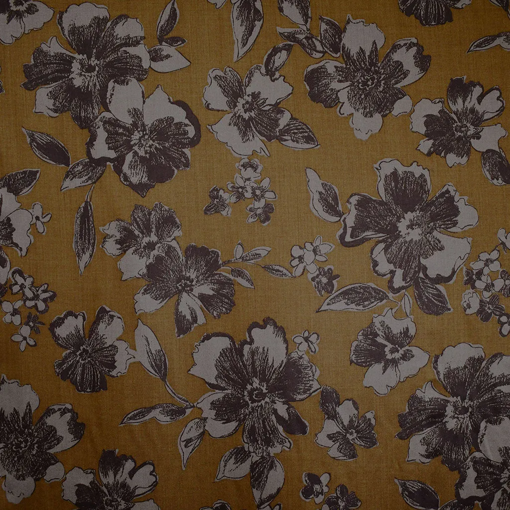 Japanese Artistic Sketch Floral Rayon Blend Sateen Sepia