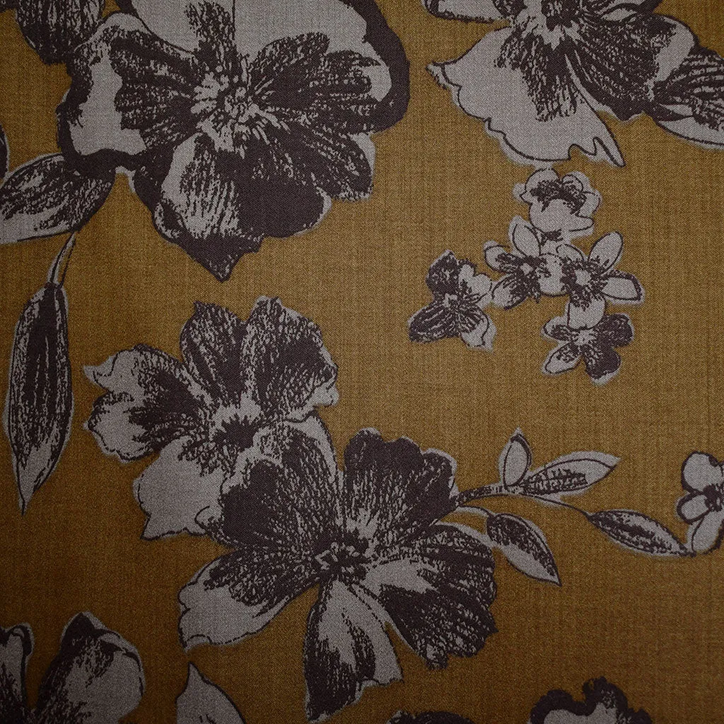 Japanese Artistic Sketch Floral Rayon Blend Sateen Sepia