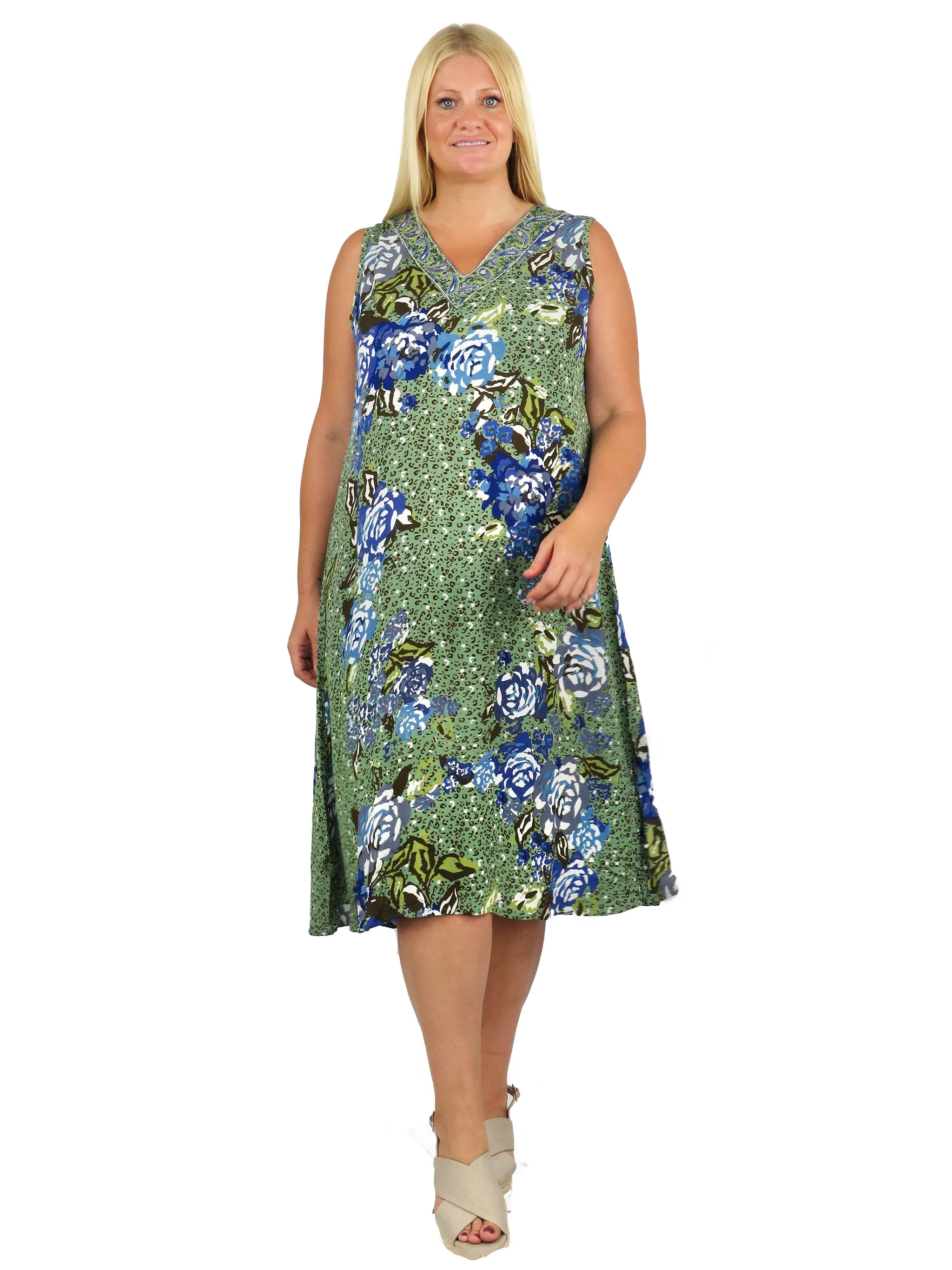 La Cera Sleeveless V-Neck Artistic Floral Dress - Plus Size