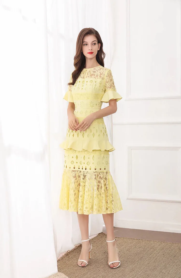 Lace Patchwork Hollow-Out Ruffled Midi Dress