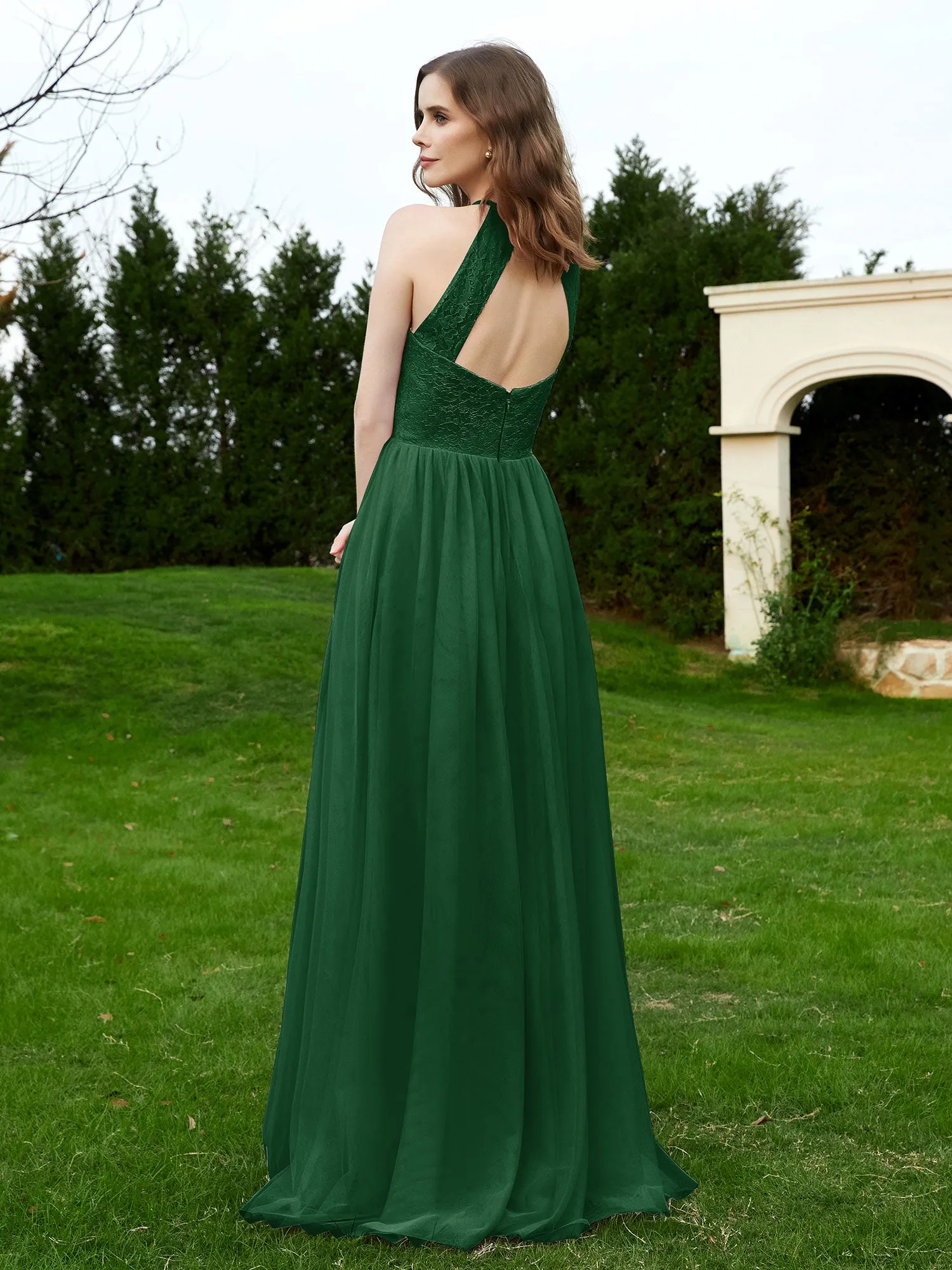 Lace Tulle Bridesmaid Gown Halter Neckline Dark Green Plus Size