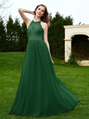 Lace Tulle Bridesmaid Gown Halter Neckline Dark Green Plus Size