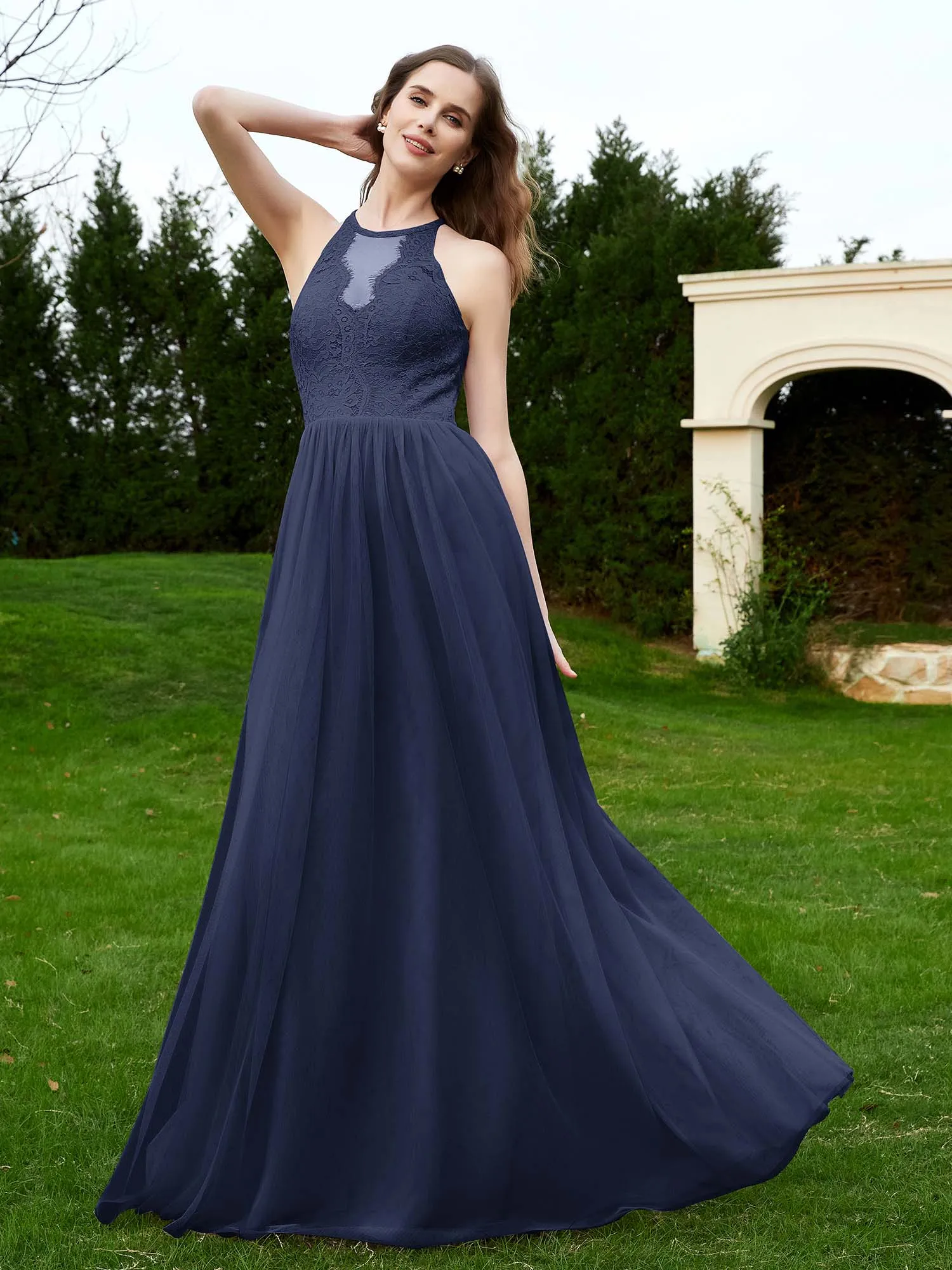 Lace Tulle Bridesmaid Gown Halter Neckline Dark Navy