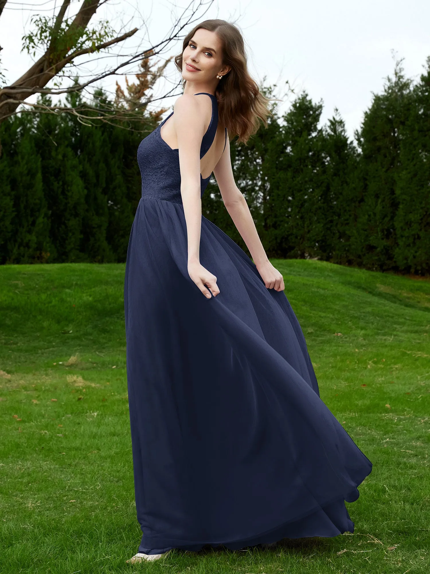 Lace Tulle Bridesmaid Gown Halter Neckline Dark Navy