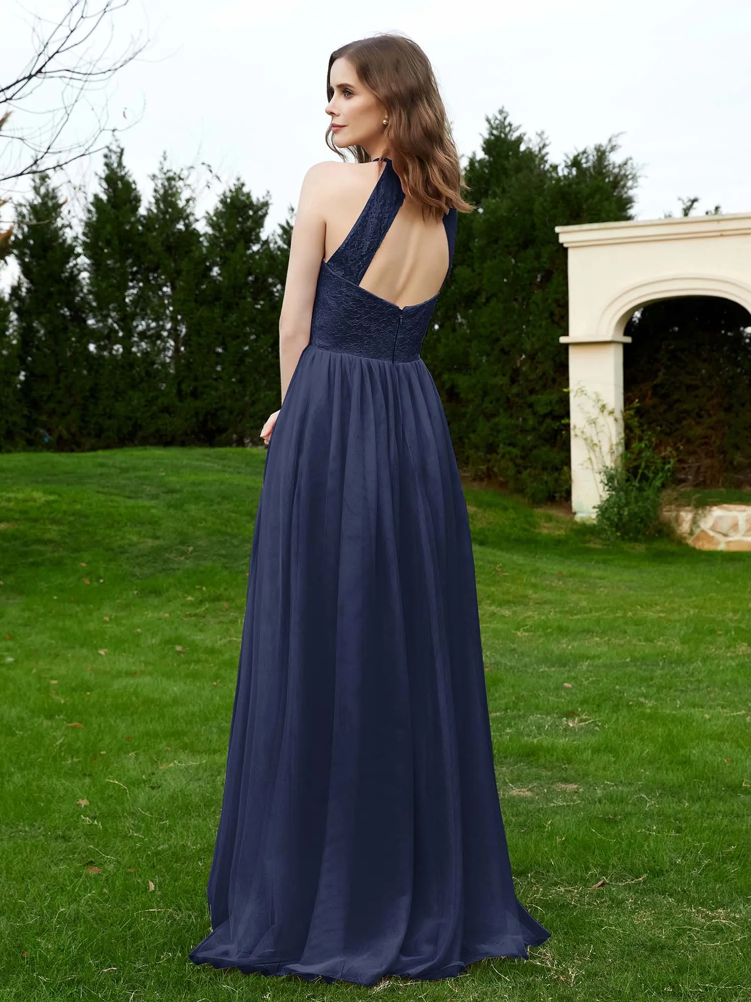 Lace Tulle Bridesmaid Gown Halter Neckline Dark Navy