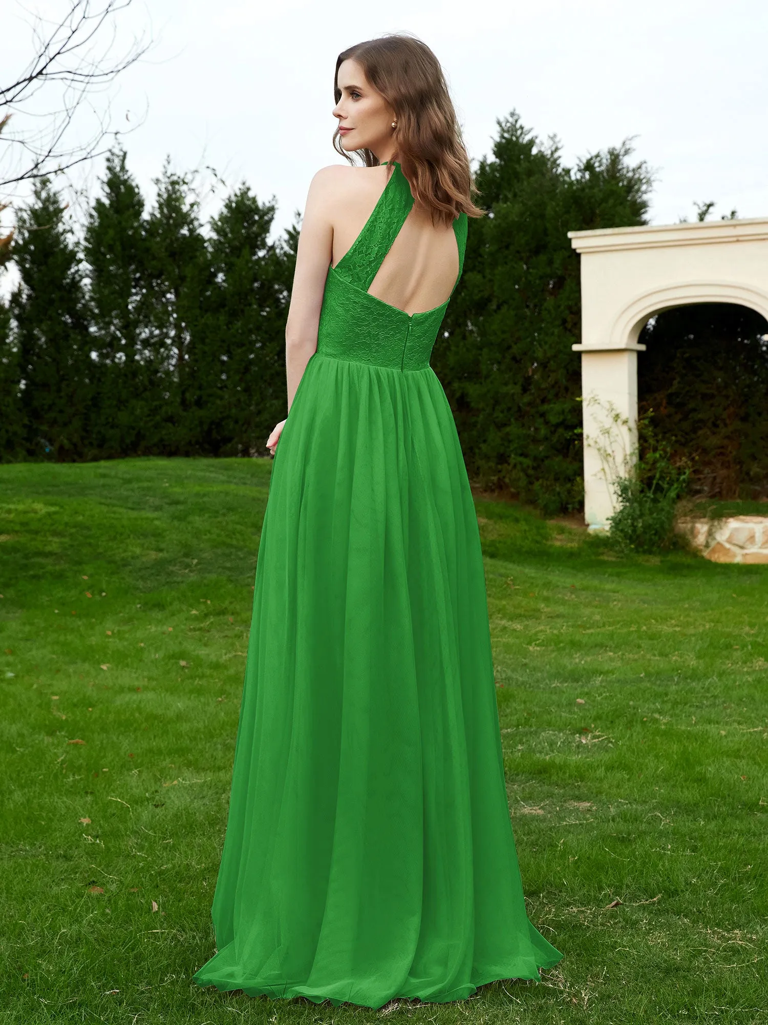 Lace Tulle Bridesmaid Gown Halter Neckline Green Plus Size