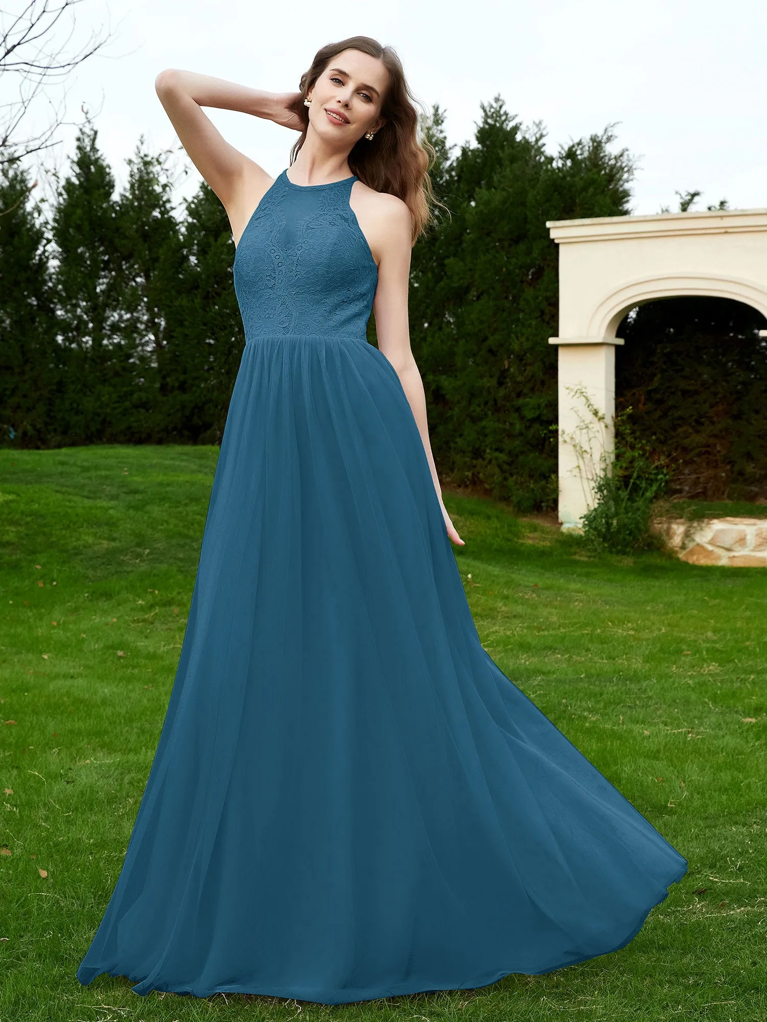 Lace Tulle Bridesmaid Gown Halter Neckline Ink Blue Plus Size