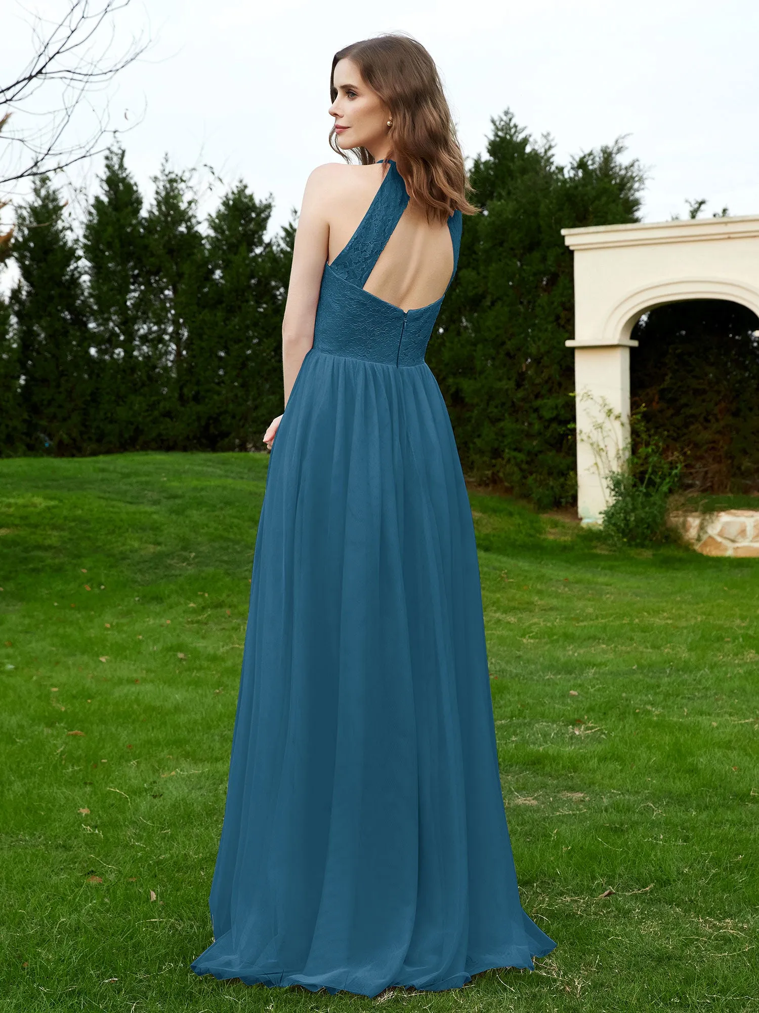 Lace Tulle Bridesmaid Gown Halter Neckline Ink Blue Plus Size