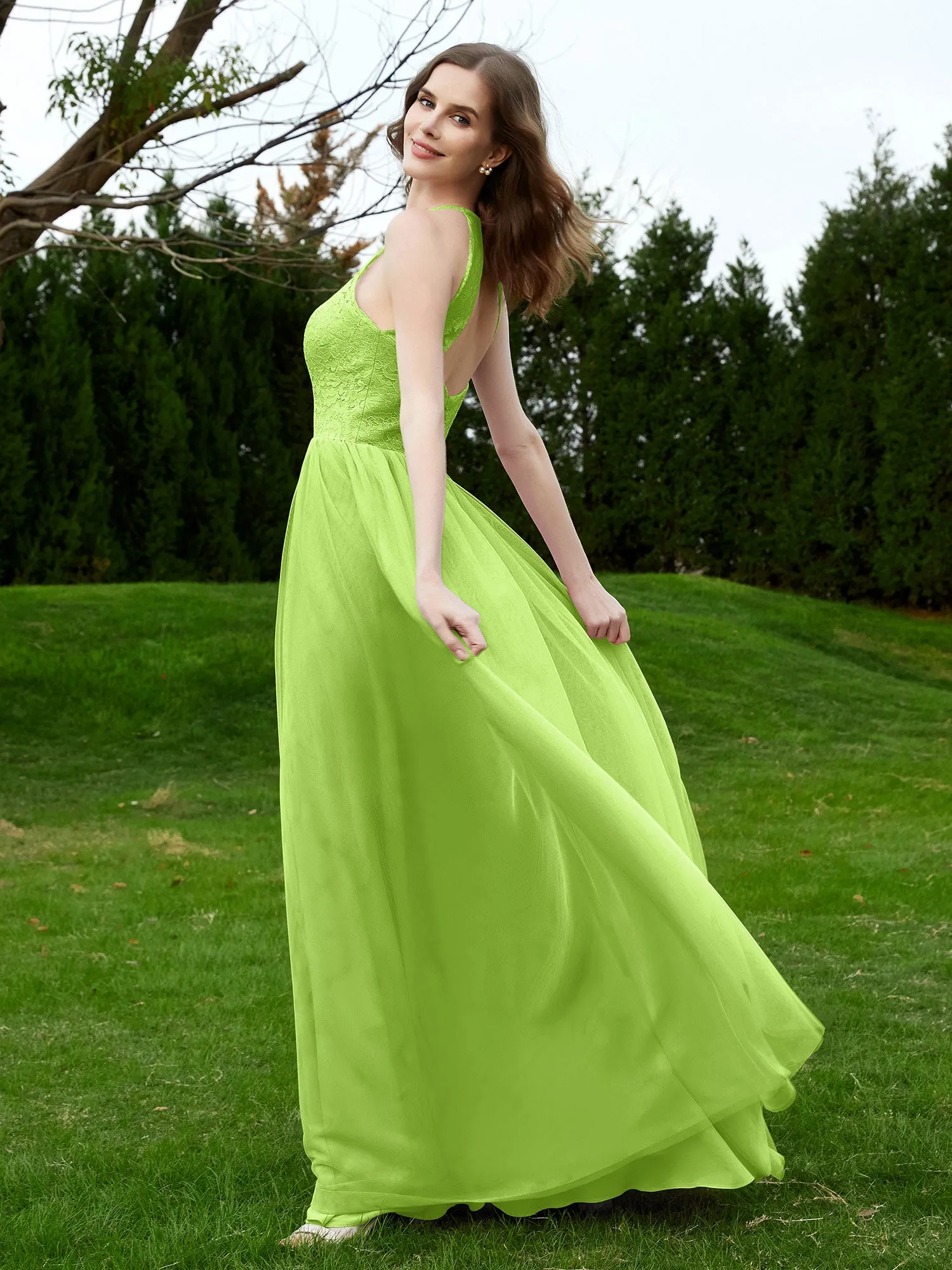 Lace Tulle Bridesmaid Gown Halter Neckline Lime Green