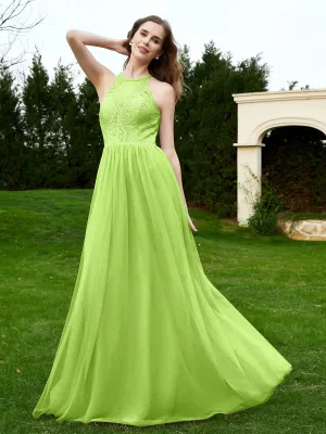 Lace Tulle Bridesmaid Gown Halter Neckline Lime Green