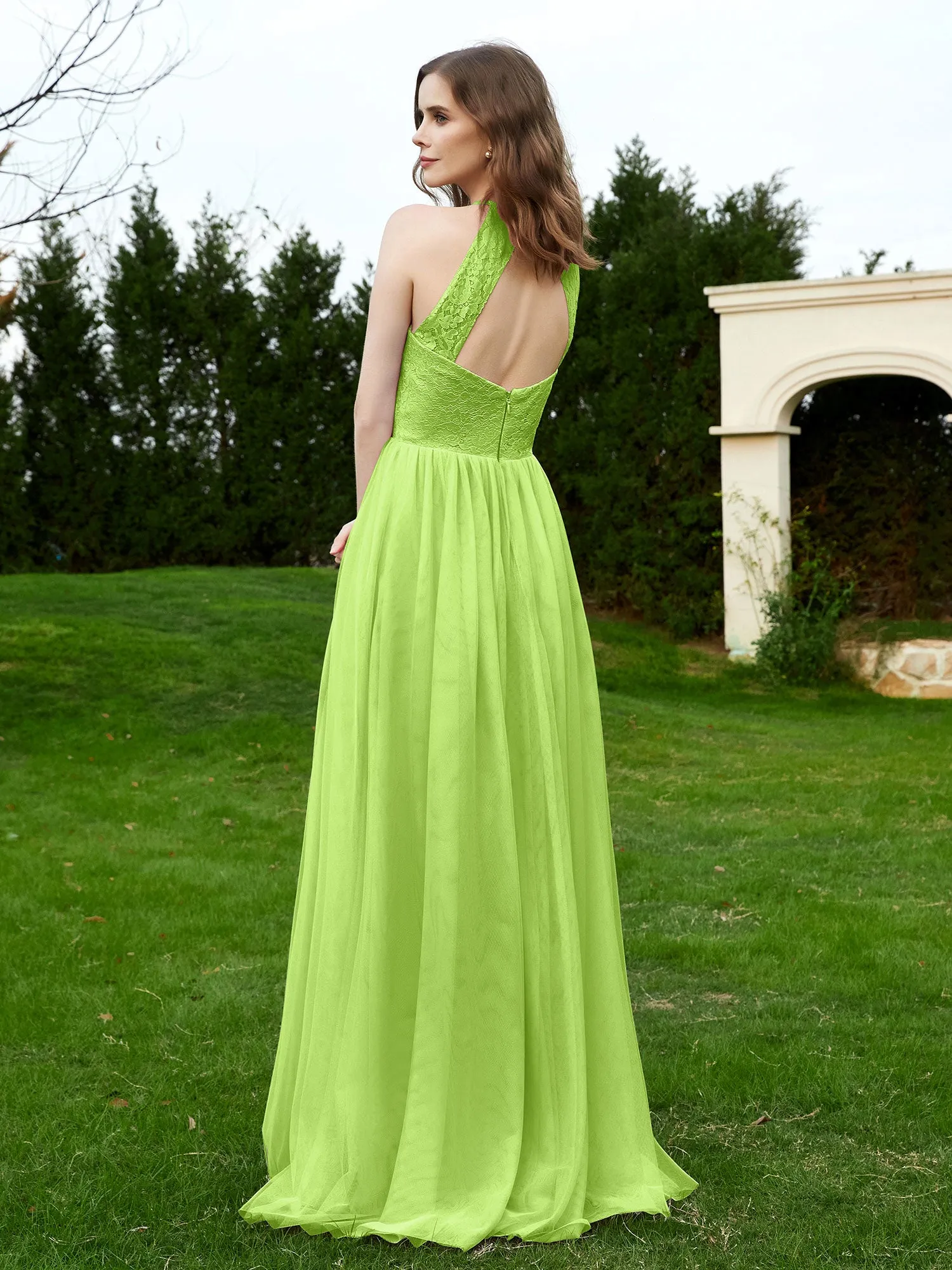 Lace Tulle Bridesmaid Gown Halter Neckline Lime Green