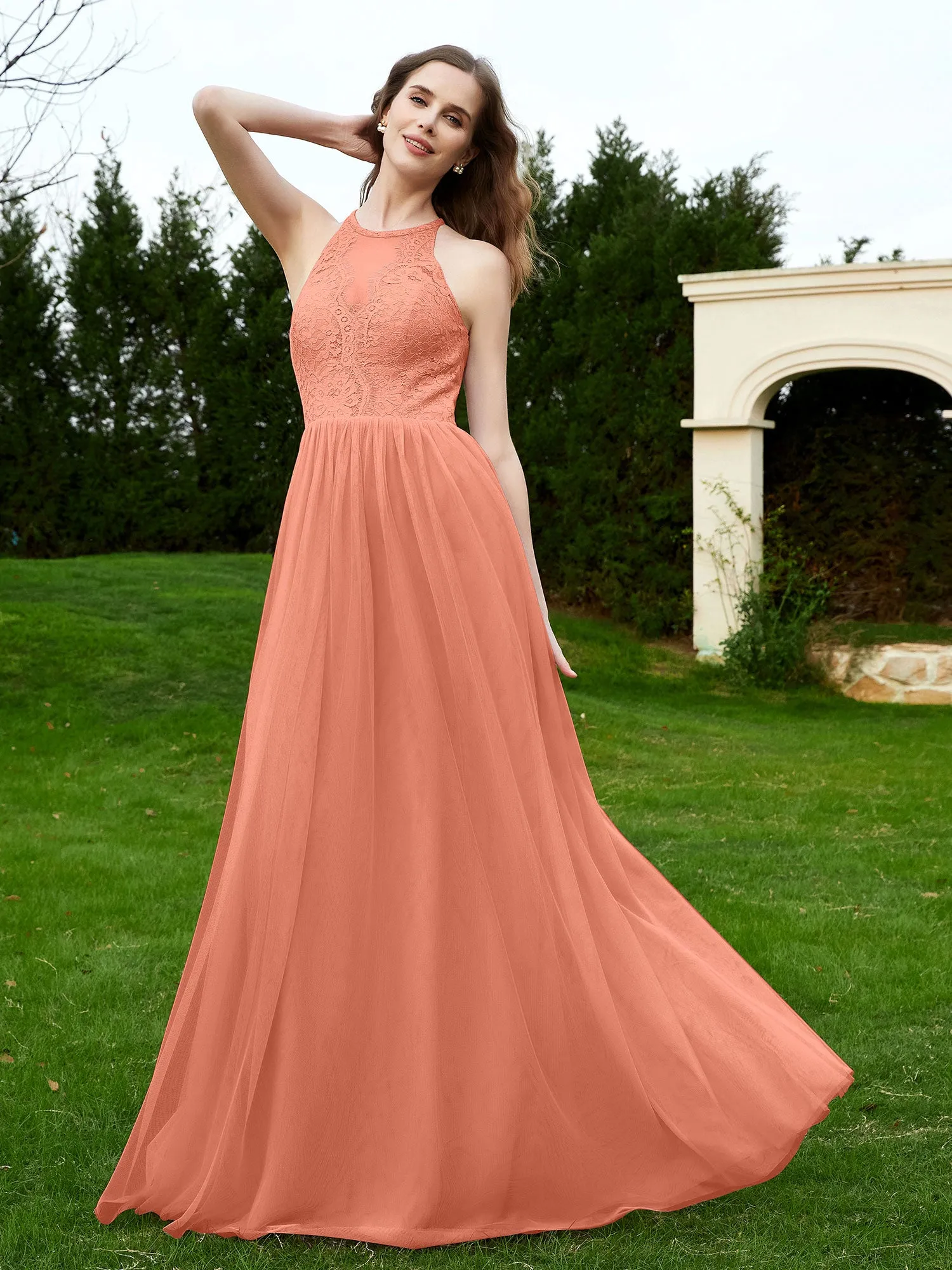 Lace Tulle Bridesmaid Gown Halter Neckline Papaya Plus Size