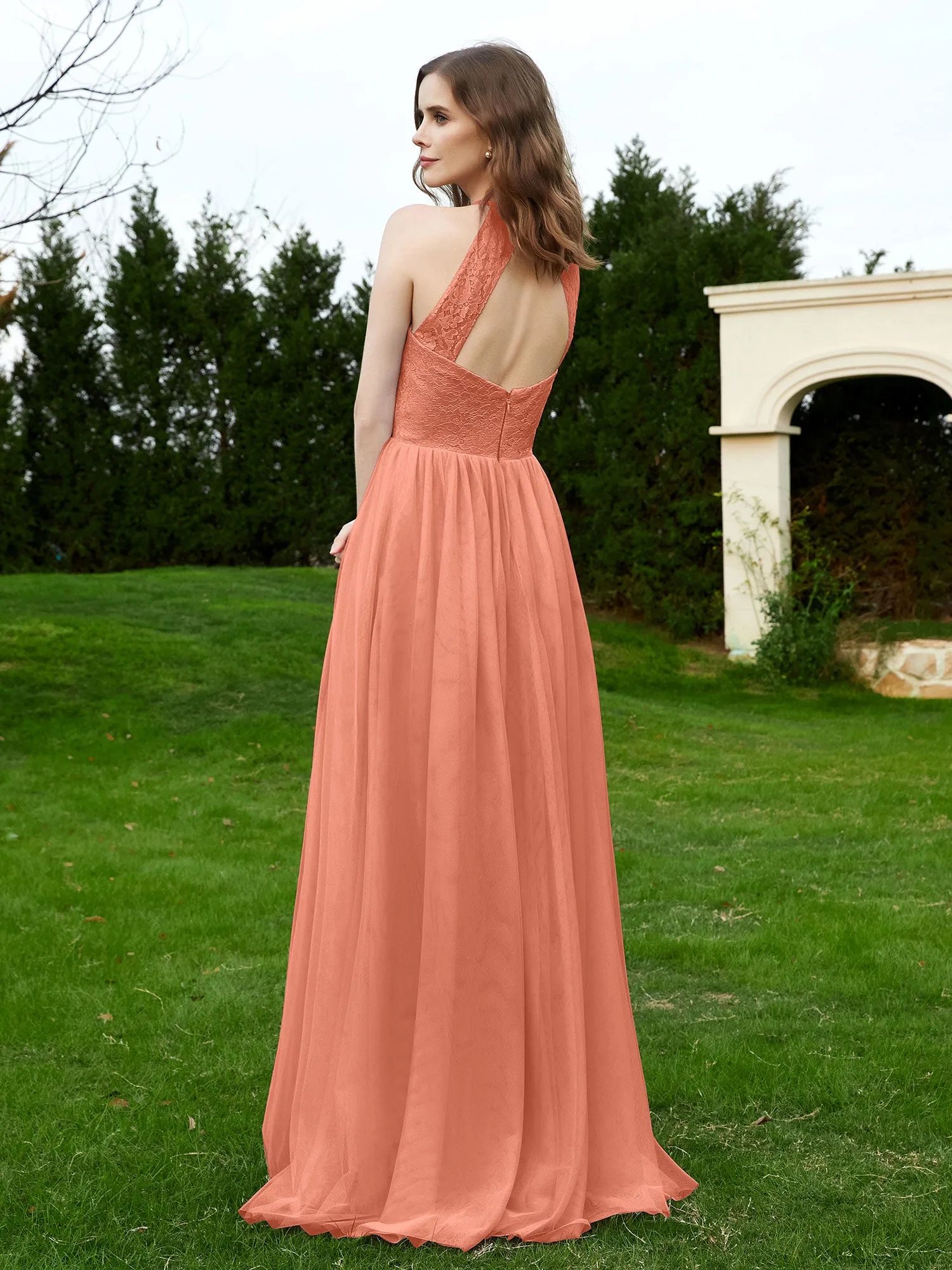 Lace Tulle Bridesmaid Gown Halter Neckline Papaya Plus Size