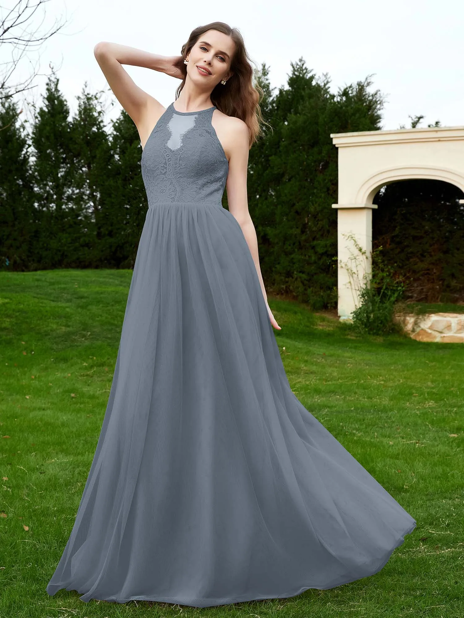 Lace Tulle Bridesmaid Gown Halter Neckline Slate Blue