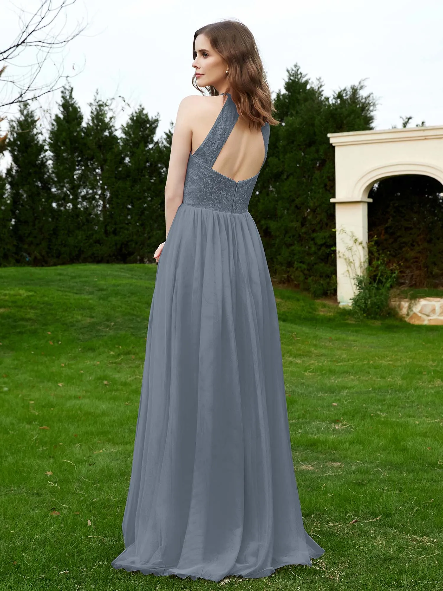 Lace Tulle Bridesmaid Gown Halter Neckline Slate Blue