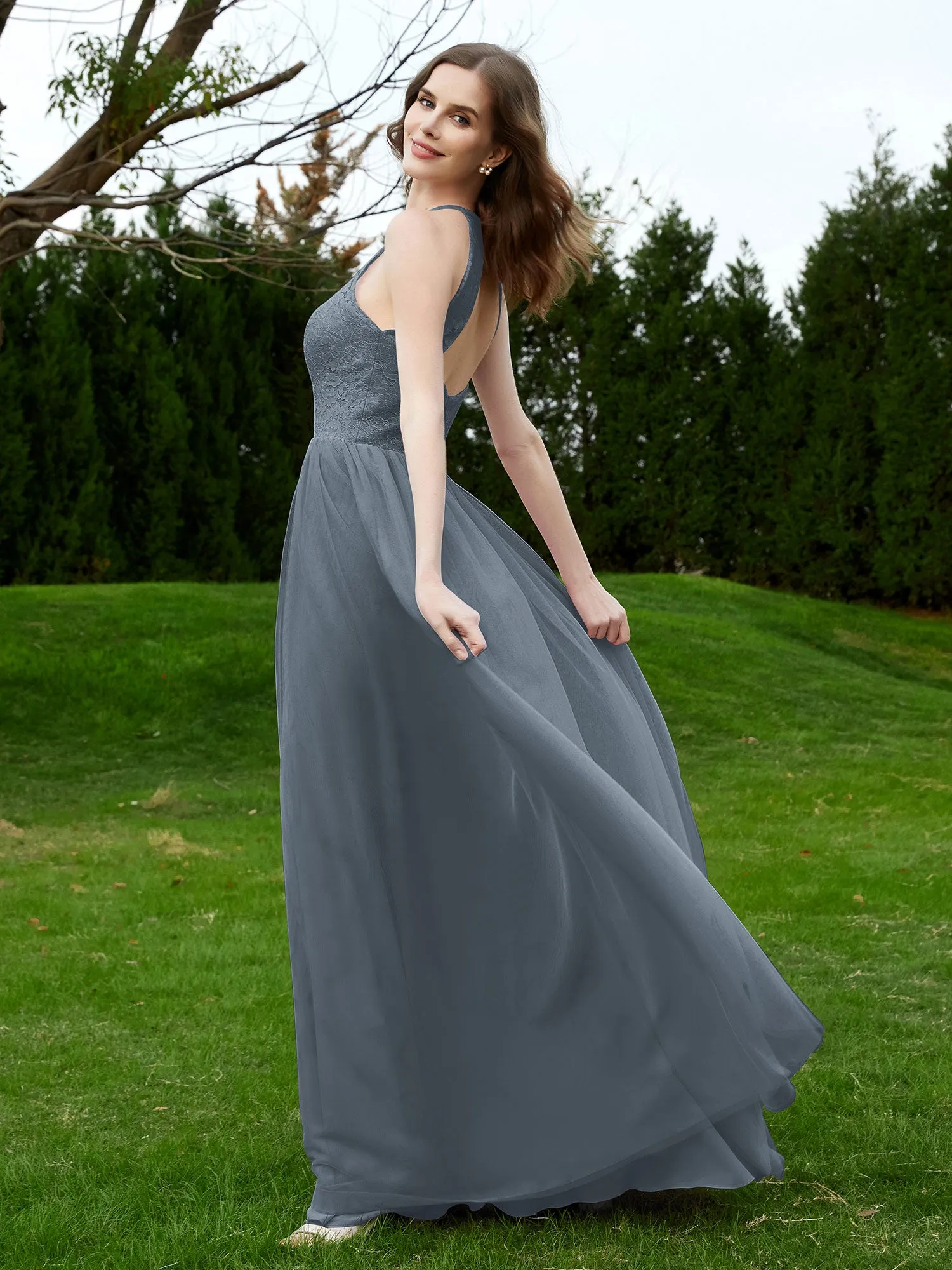 Lace Tulle Bridesmaid Gown Halter Neckline Slate Blue