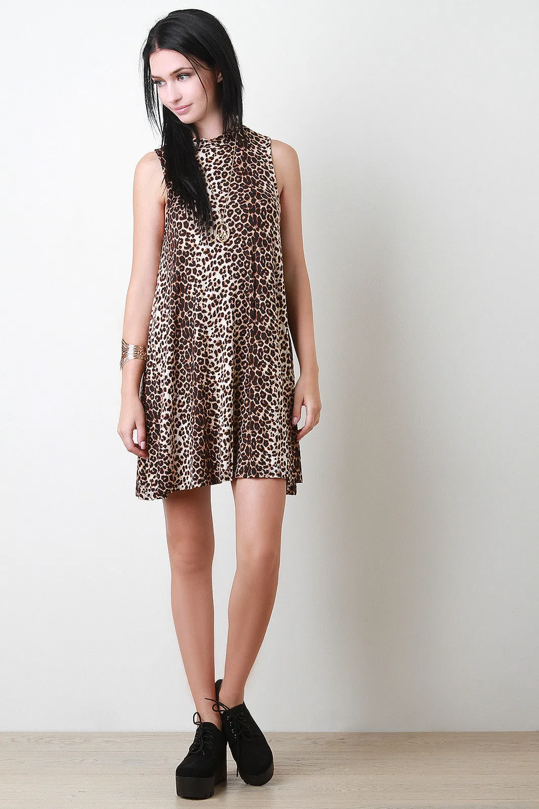 Leopard Mock Neck Sleeveless Dress