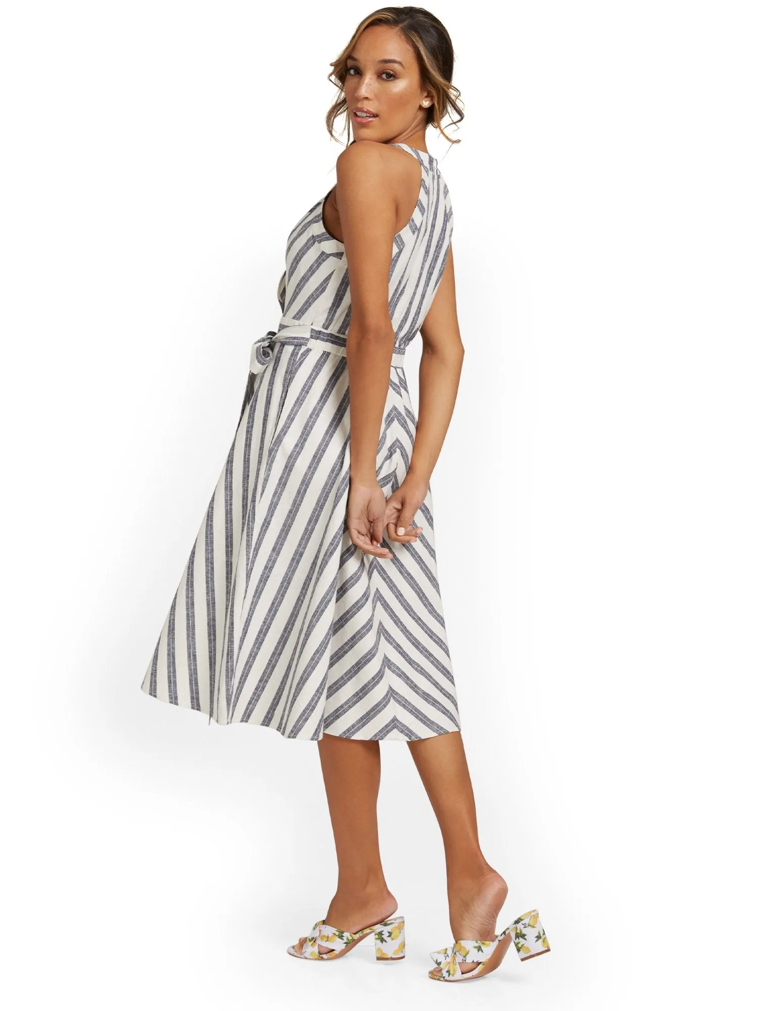 Linen-Blend Striped Halterneck Dress