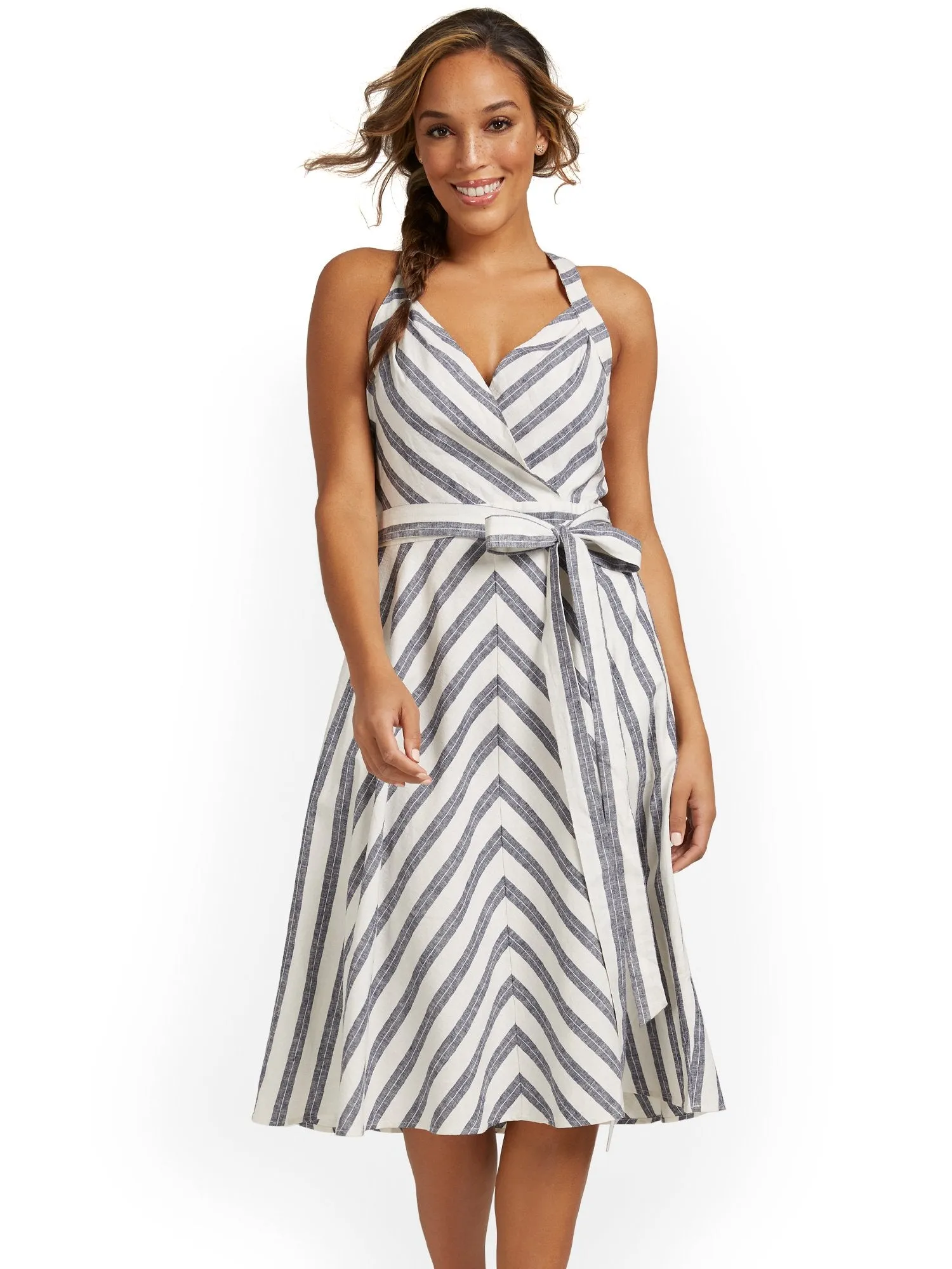 Linen-Blend Striped Halterneck Dress