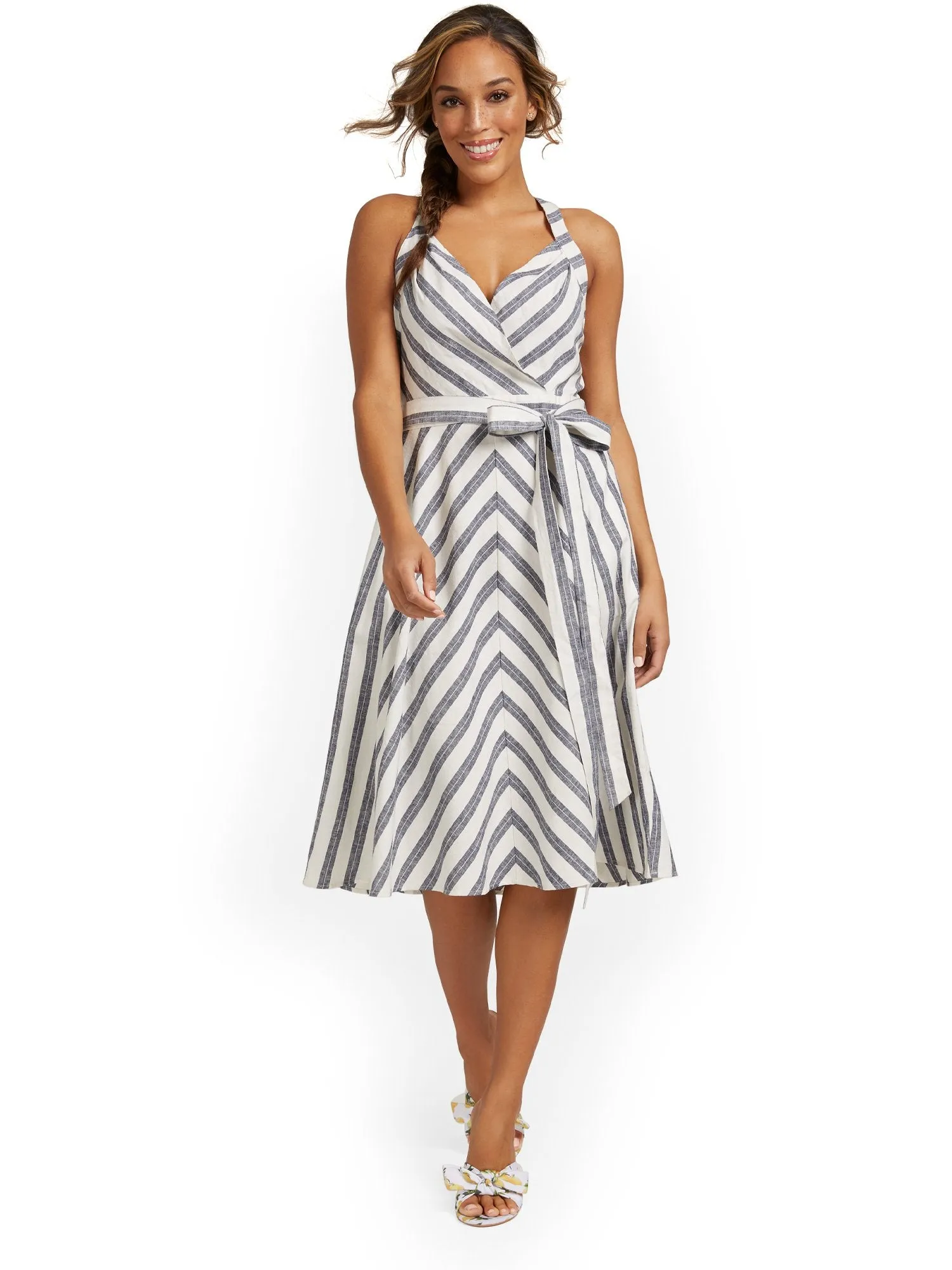 Linen-Blend Striped Halterneck Dress