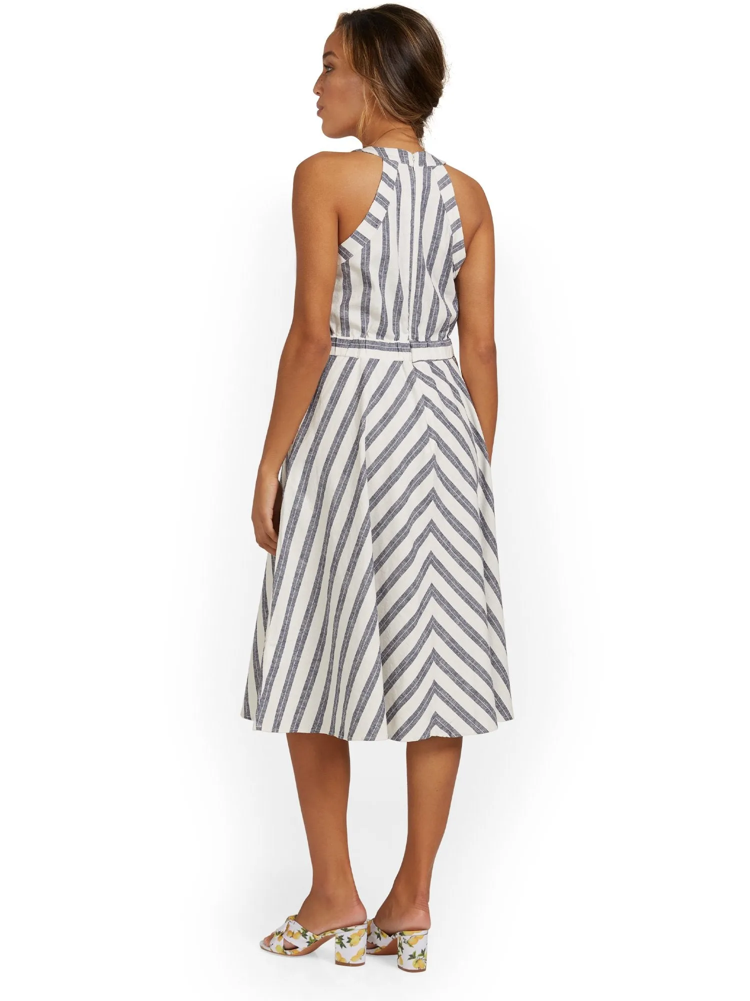 Linen-Blend Striped Halterneck Dress