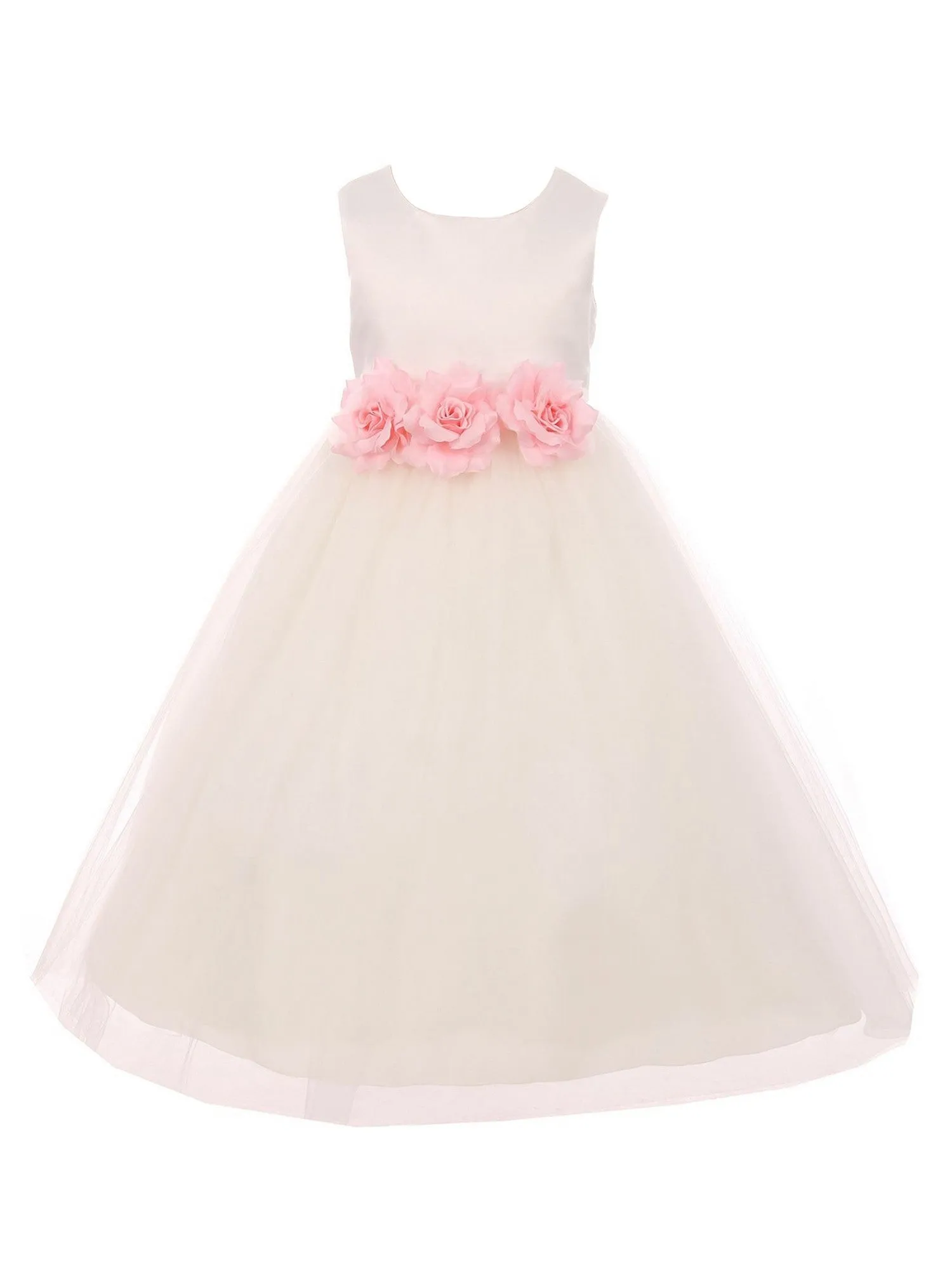 Little Girls Ivory Pink Floral Satin Flower Girl Dress 2-6