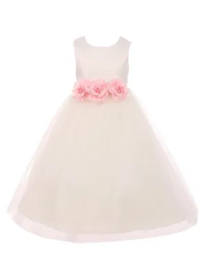 Little Girls Ivory Pink Floral Satin Flower Girl Dress 2-6