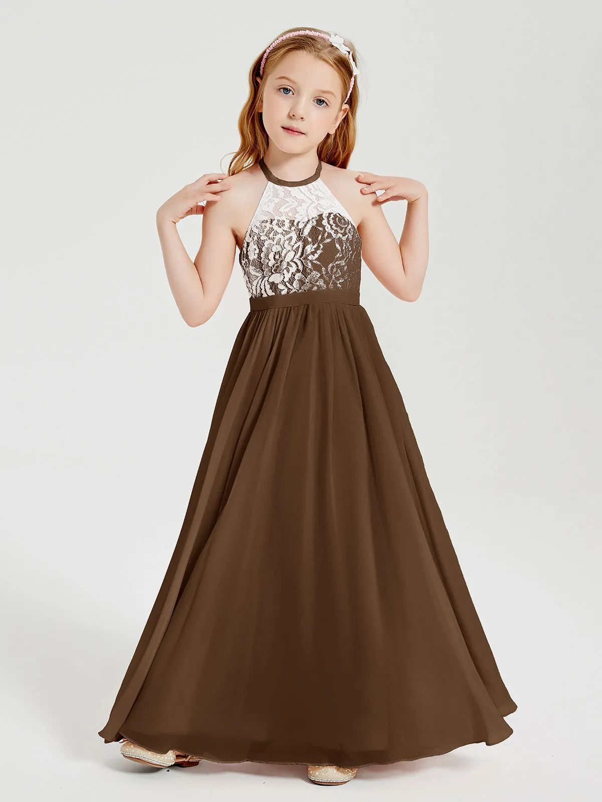 Long Chiffon Bridesmaid Dresses Lace Top Brown