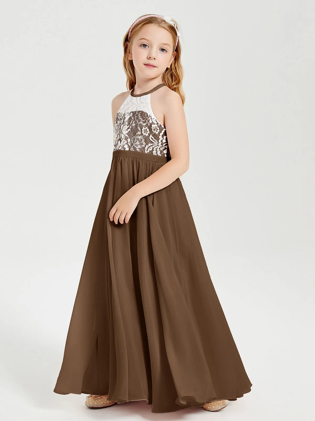 Long Chiffon Bridesmaid Dresses Lace Top Brown