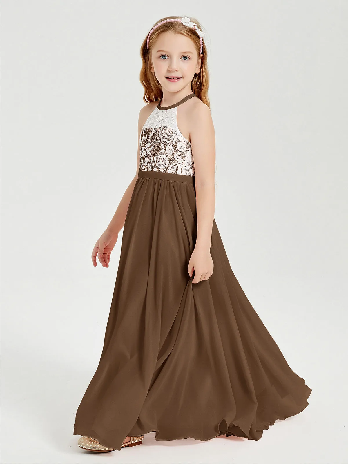 Long Chiffon Bridesmaid Dresses Lace Top Brown