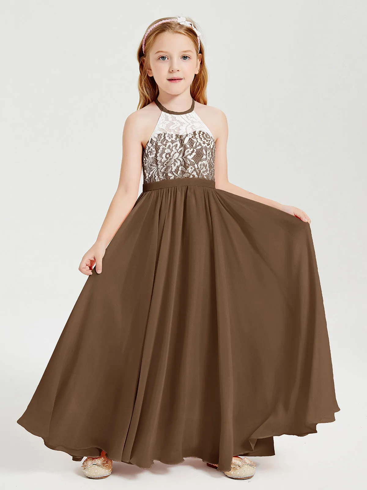 Long Chiffon Bridesmaid Dresses Lace Top Brown