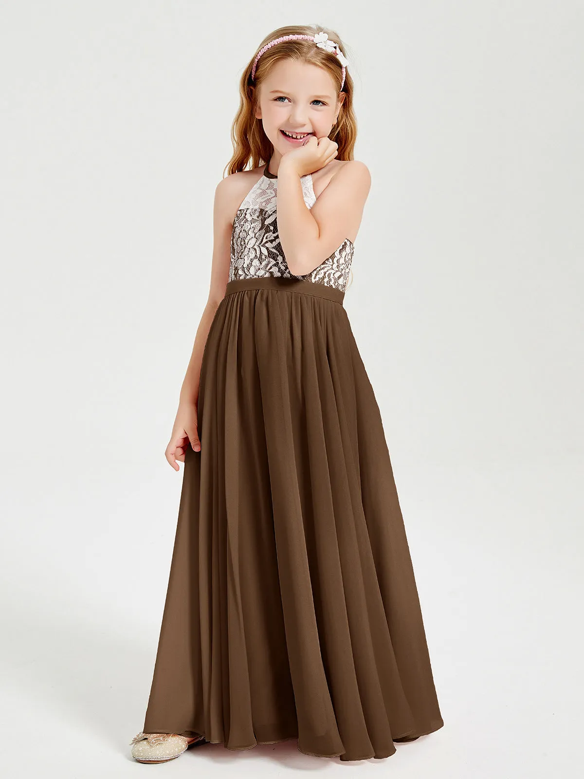 Long Chiffon Bridesmaid Dresses Lace Top Brown