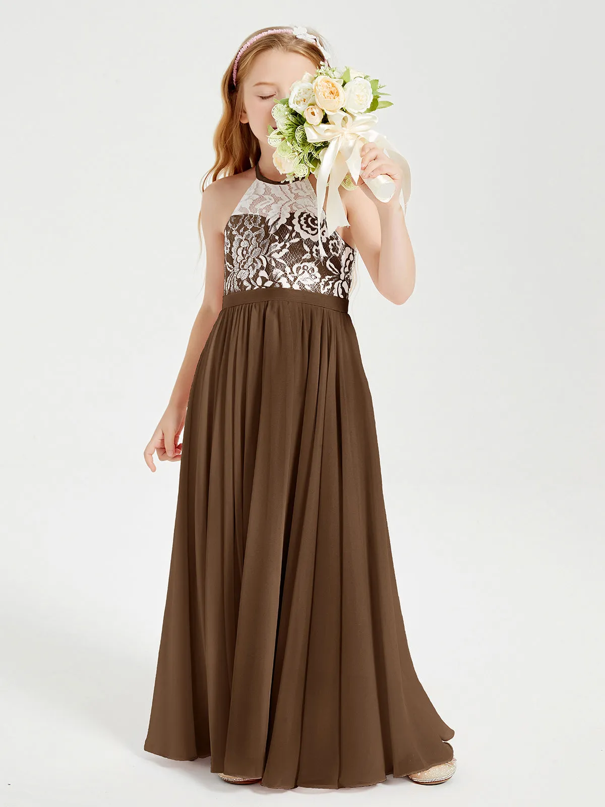 Long Chiffon Bridesmaid Dresses Lace Top Brown