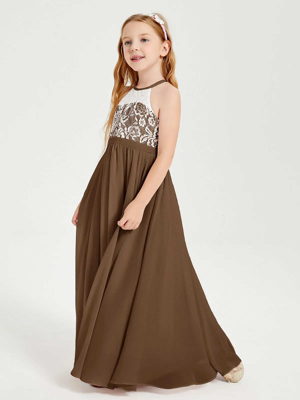 Long Chiffon Bridesmaid Dresses Lace Top Brown