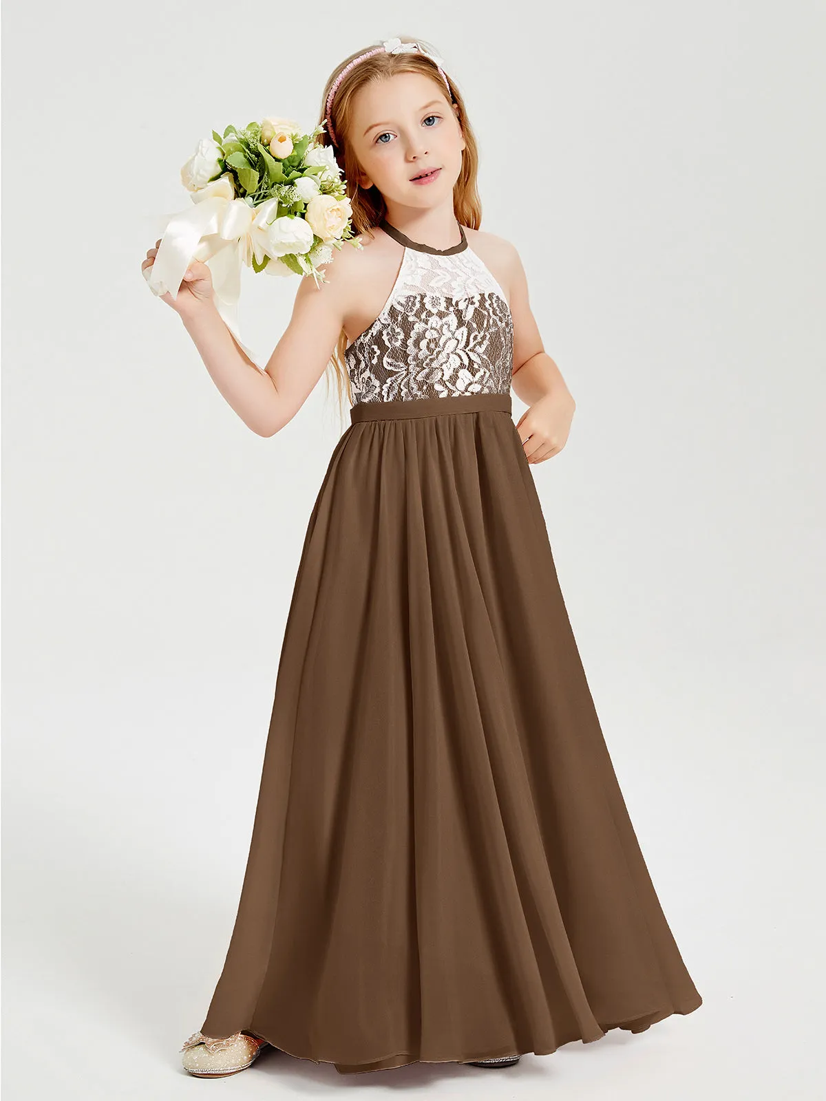 Long Chiffon Bridesmaid Dresses Lace Top Brown