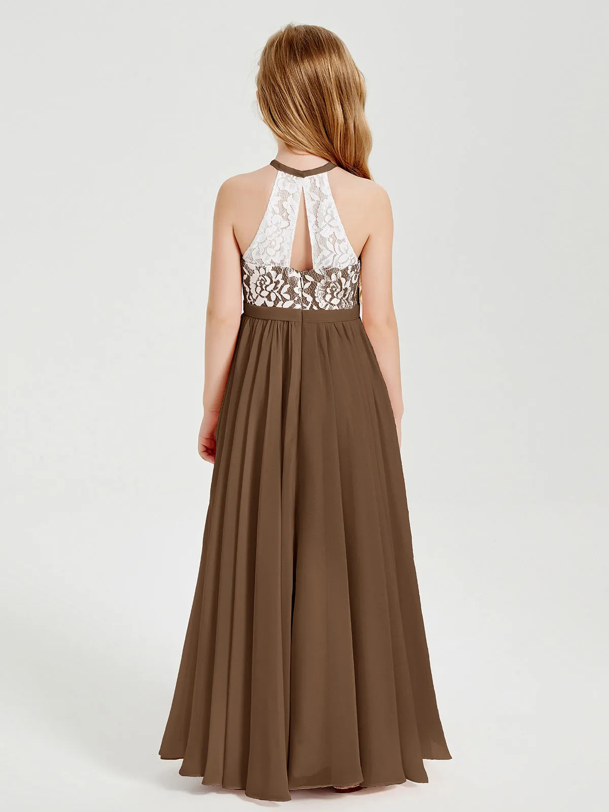 Long Chiffon Bridesmaid Dresses Lace Top Brown