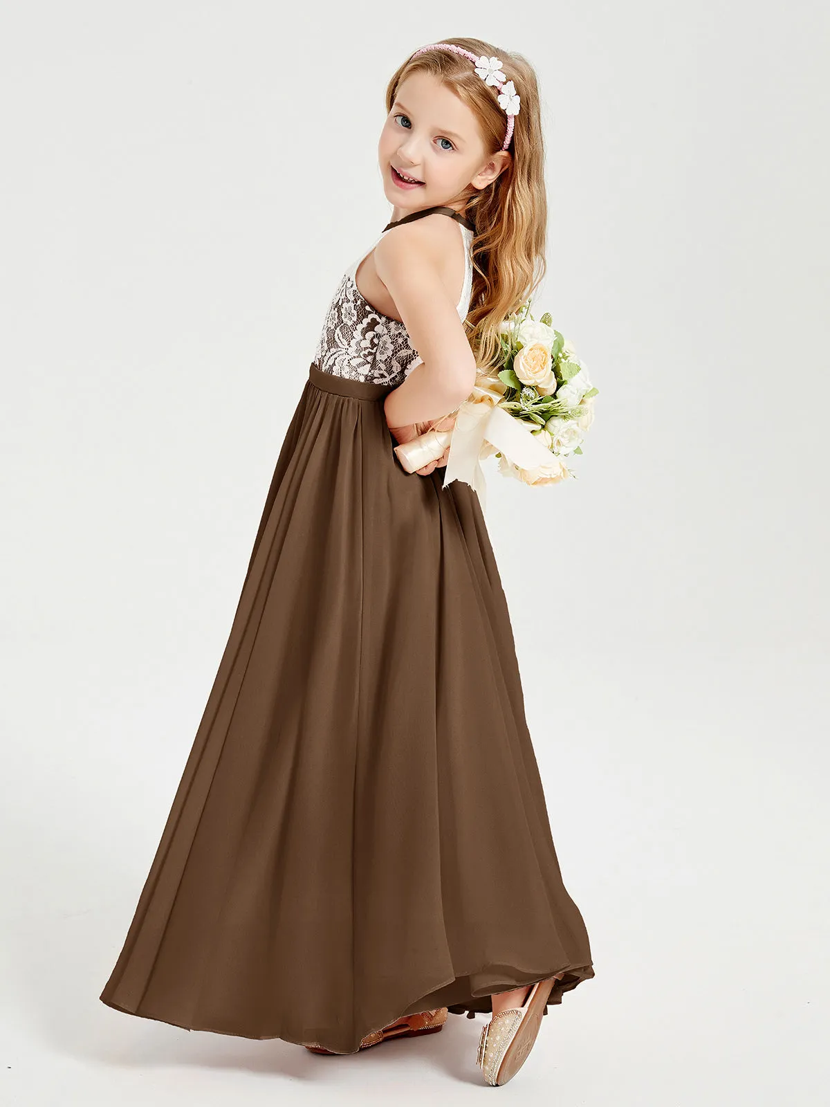 Long Chiffon Bridesmaid Dresses Lace Top Brown