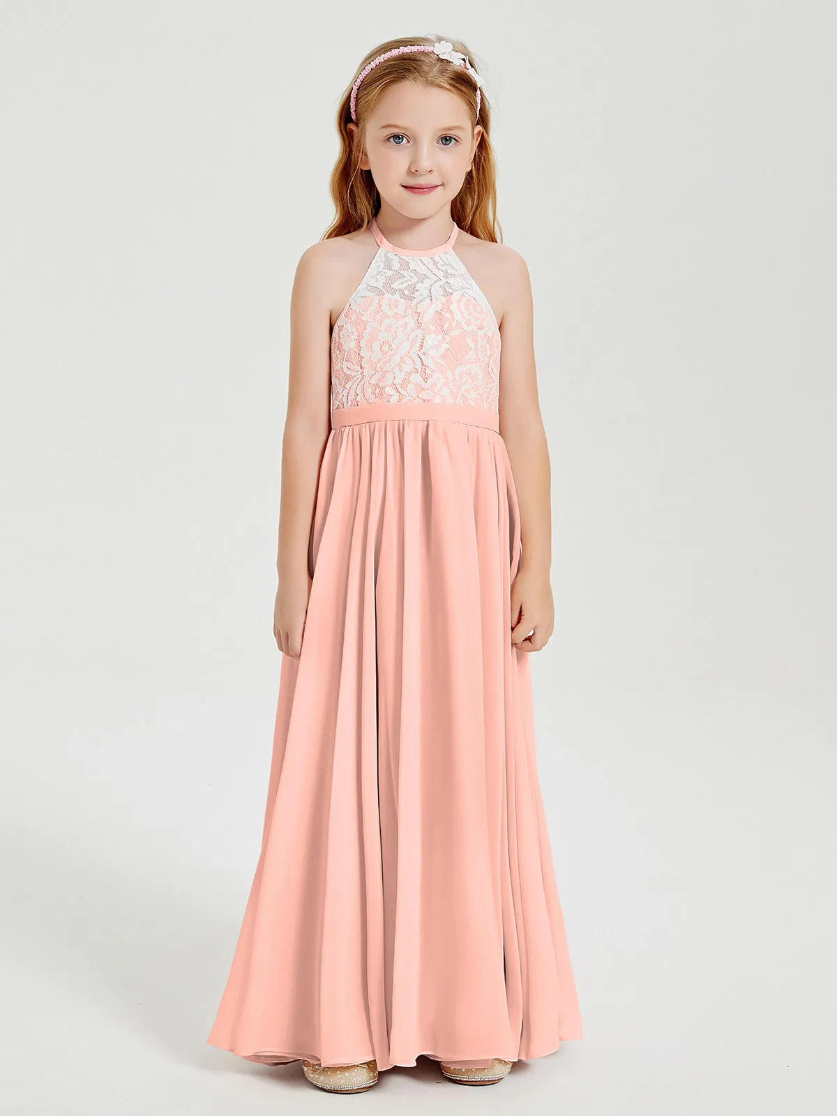 Long Chiffon Bridesmaid Dresses Lace Top Coral